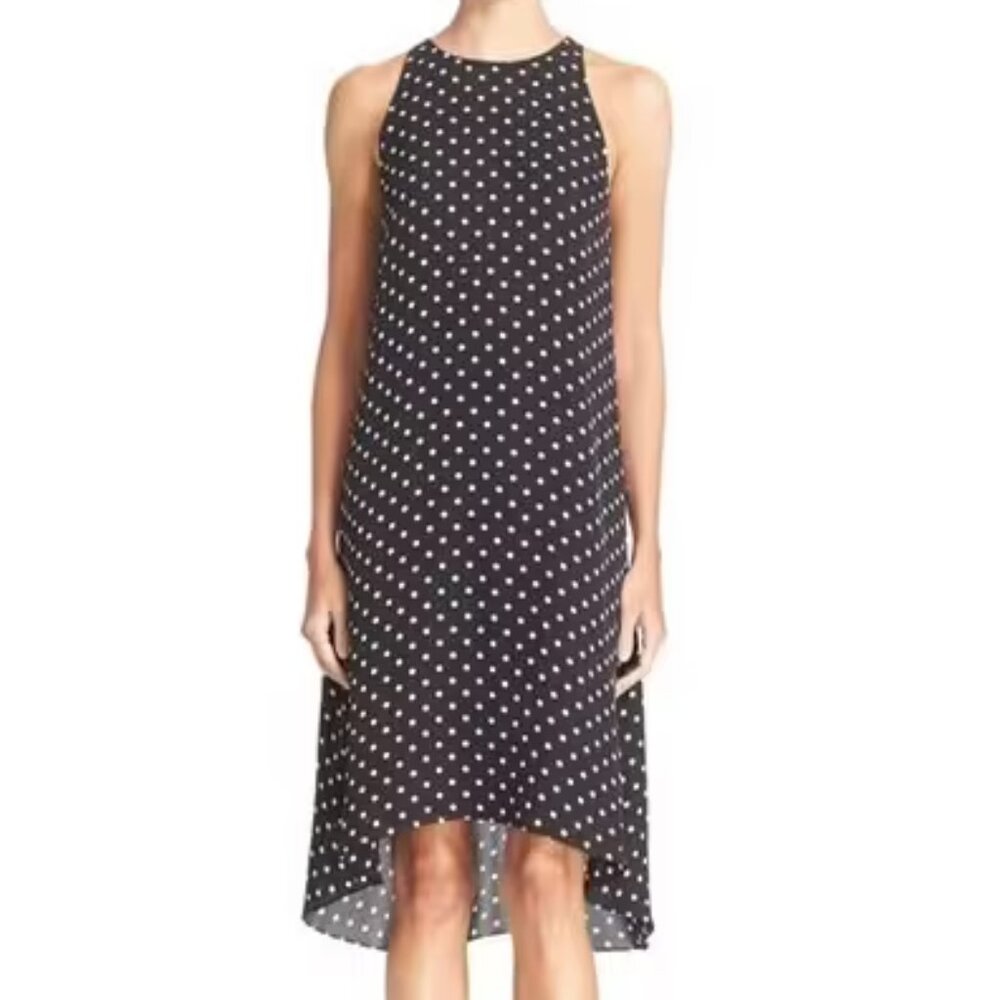 Theory Adlerdale Haze Polka Dot 100% Silk High-Low Dress, Black/Ivory Size 6